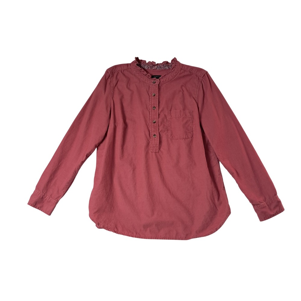 Talbots Corduroy Top Womens Large Pink Henley Ruffle Neck Long Sleeve Casual